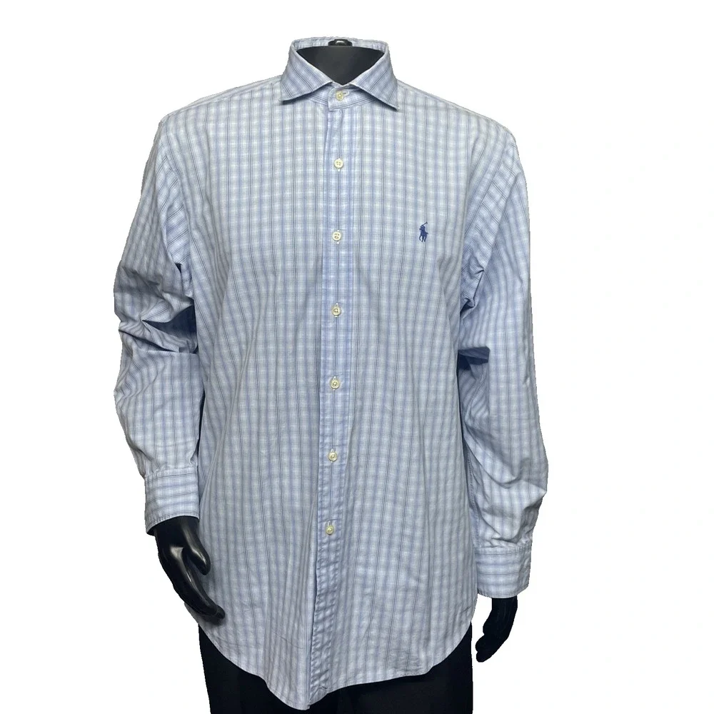 Vtg Polo Ralph Lauren Men 16 1/2-34/35 Blue Plaid Regent Classic Fit Button Up
